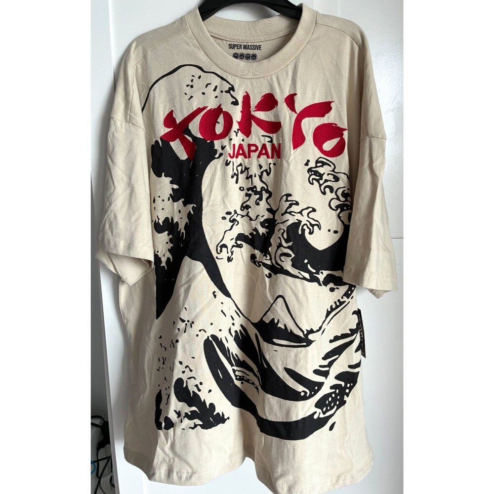 Super Massive Tokyo Japan T-Shirt Mens L Beige Great Wave No Waves No Life Logo
